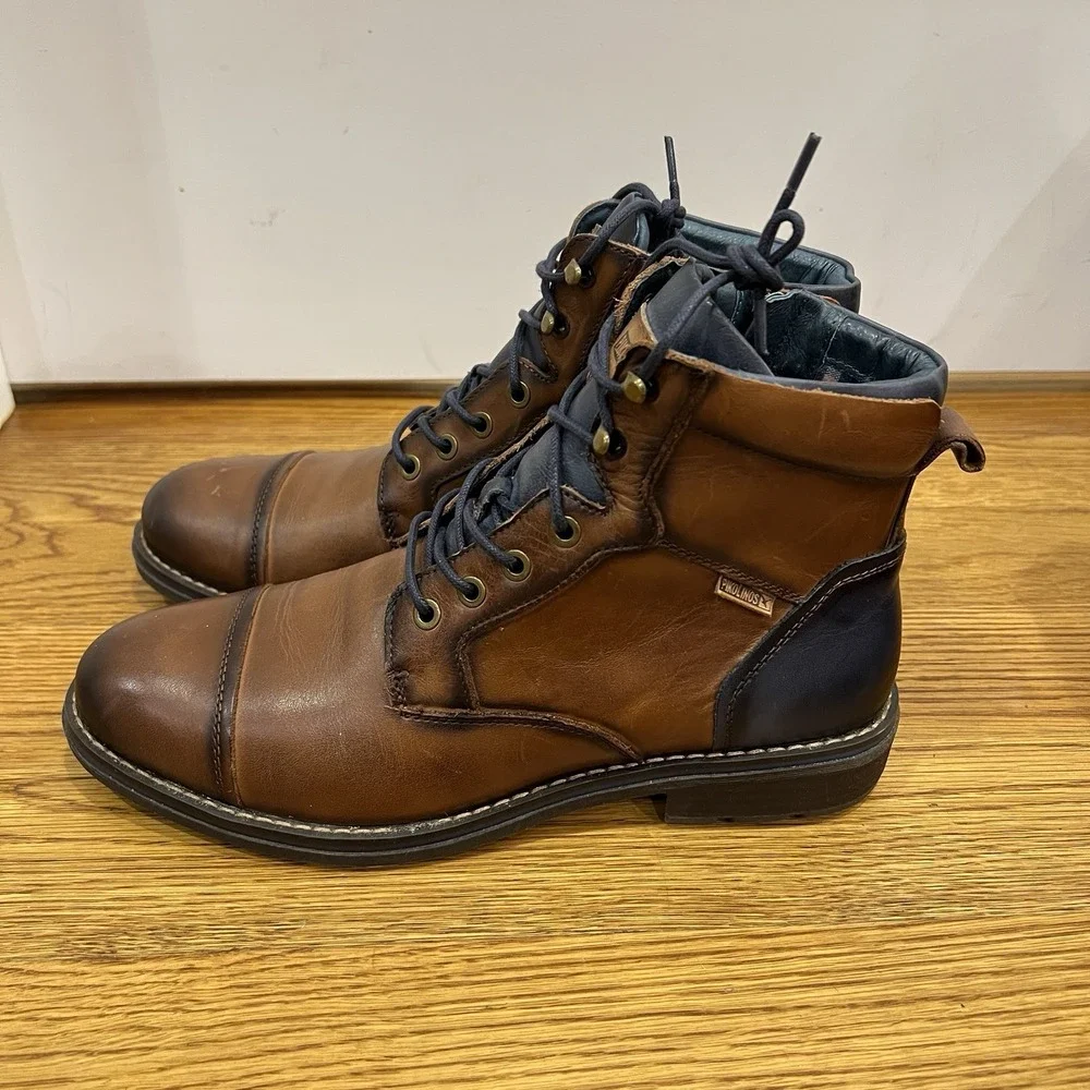 Pikolinos Mens YORK Brown Leather Cap Toe Ankle Zip Lace Up Boots Sz 41 / 8.5 US